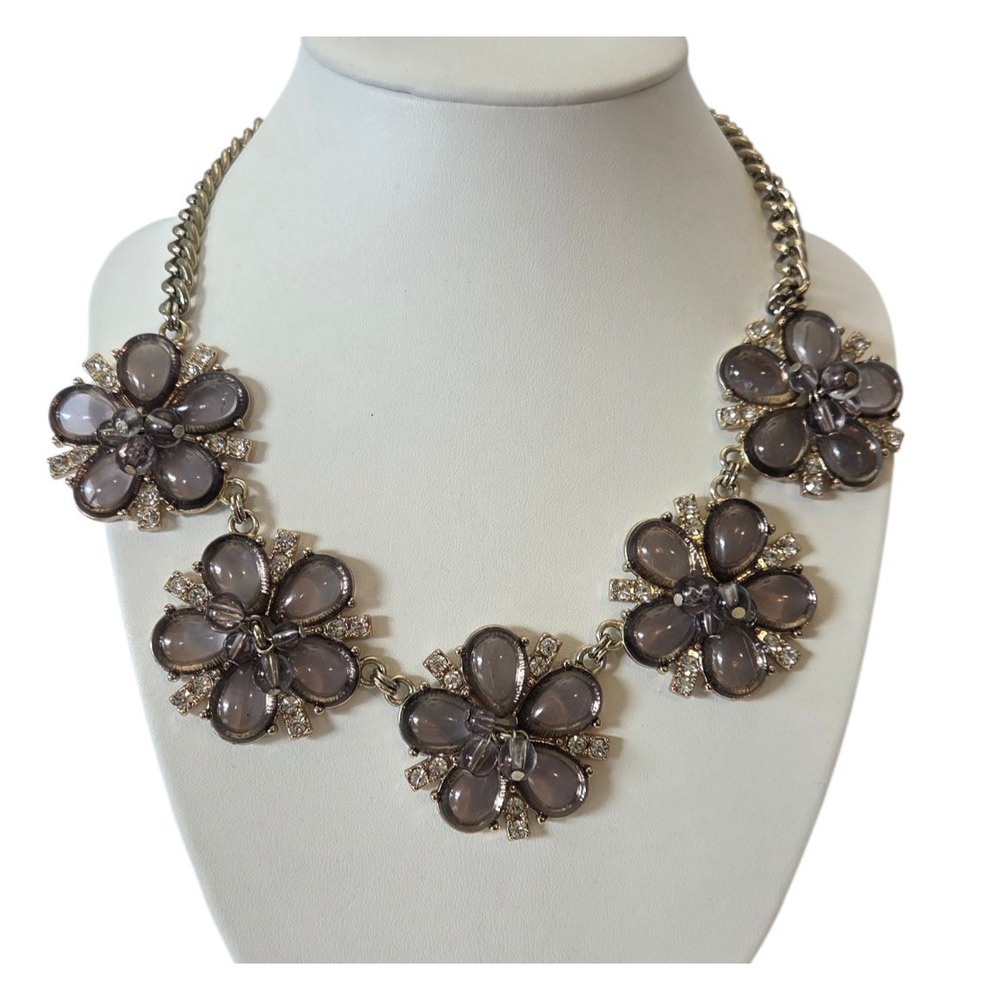 Floral Clear Crystal Rhinestones Necklace Smoky Gray Beaded Flowers Chunky 19"